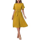 Milumia Women's Elegant Pleated Dress Crew Neck Flutter Sleeve Belted Party Maxi Dresses