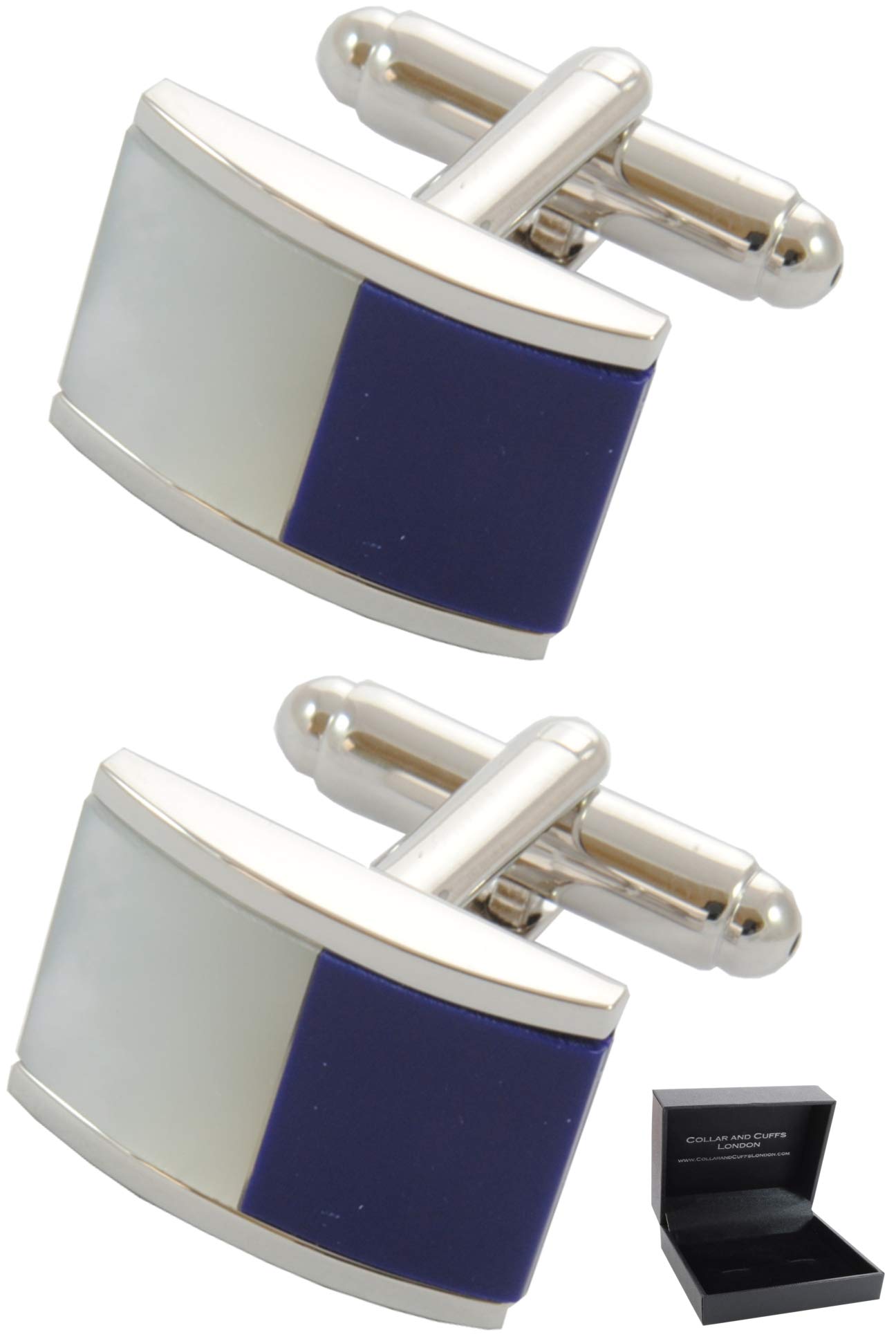 Cufflinks for Men + Presentation Box - Blue - Half Barrel Dual Colour Including Mother of Pearl - Brass Metal - Classic Fashion Design - Navy Blue and White Colours - One Pair