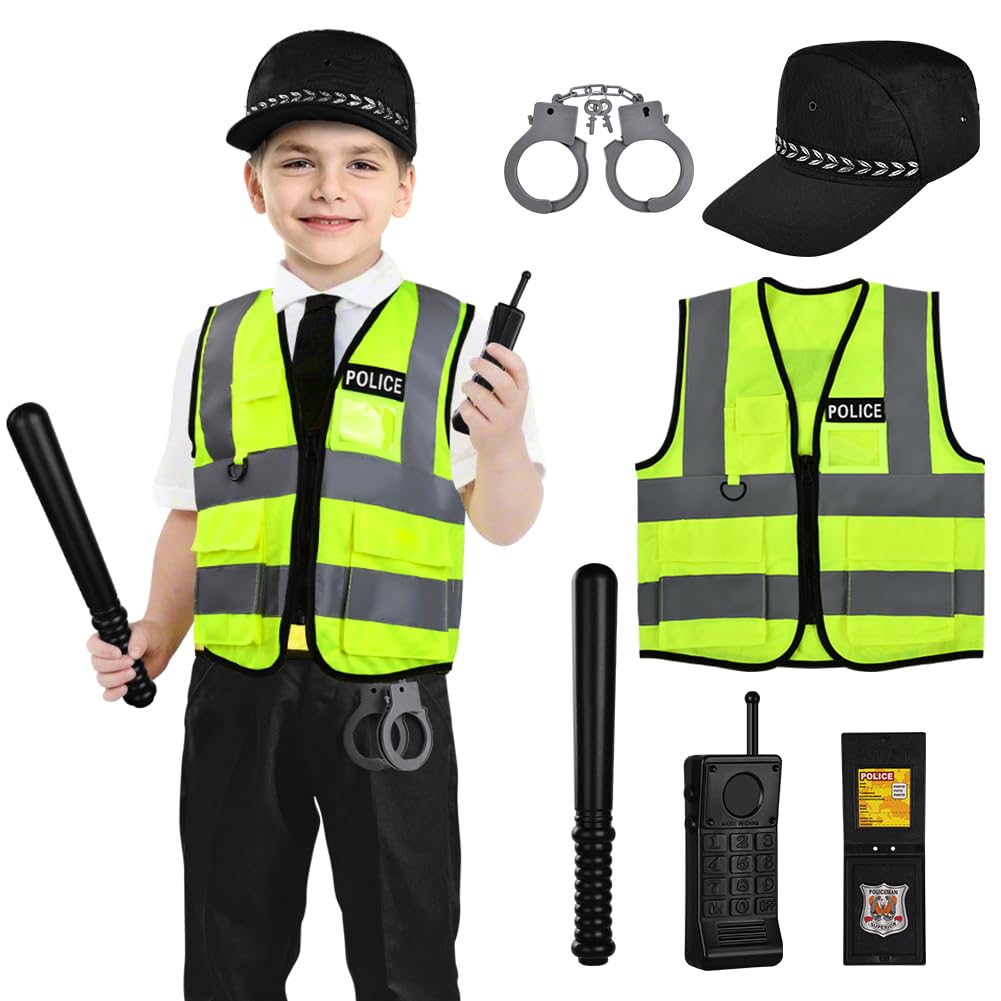Aomig Kids Police Costumes 8 Pcs Police Officer Dress Up with Accessories Children Police Officer Costume Set Policeman Outfit Cospaly Cop Costume for Boys Girls World Book Day Halloween Birthdays