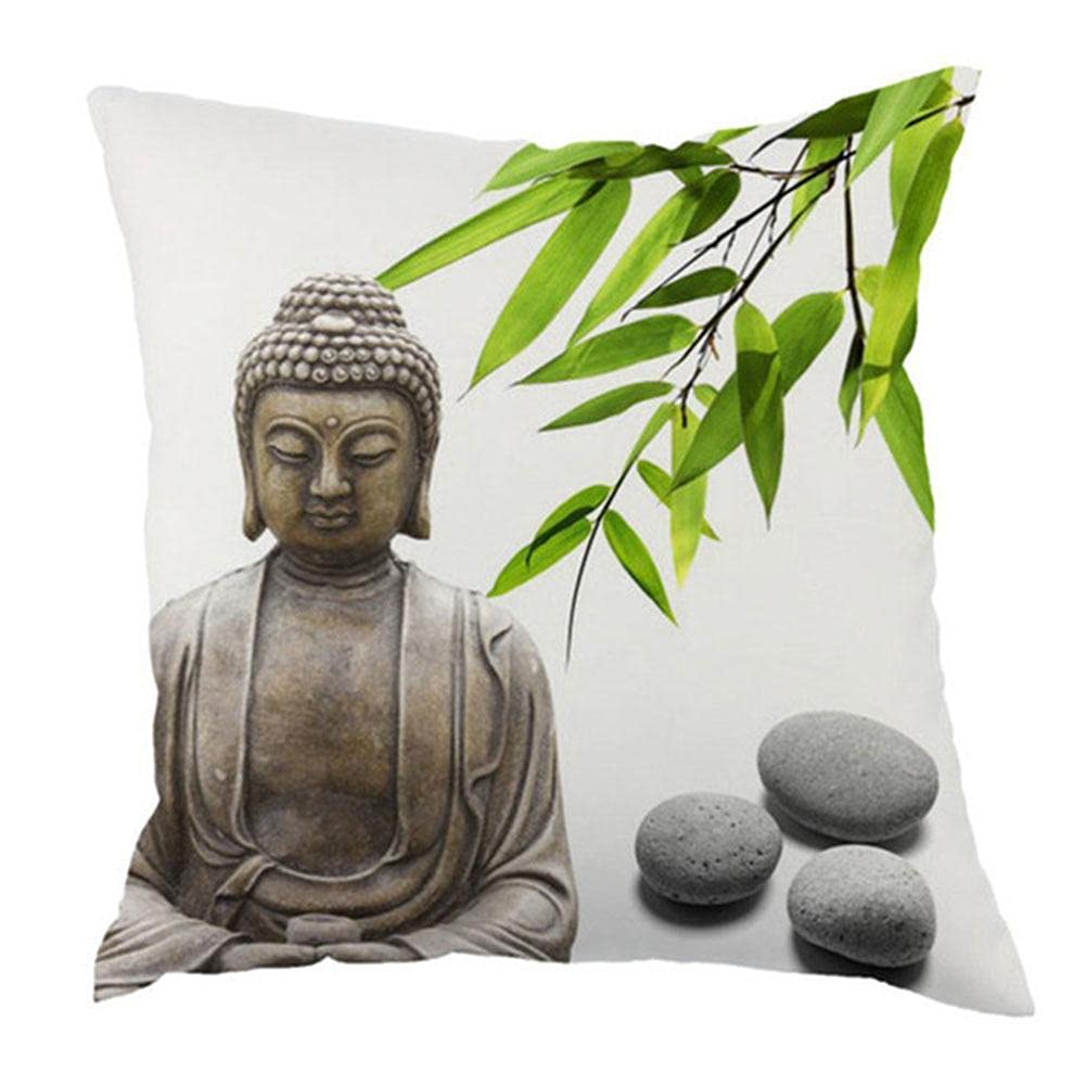 Cushion Cover, Zen Buddha Statue Bamboo Printing Pillowcase, for Car Sofa Cushion Protector Home Decoration, 45X45Cm