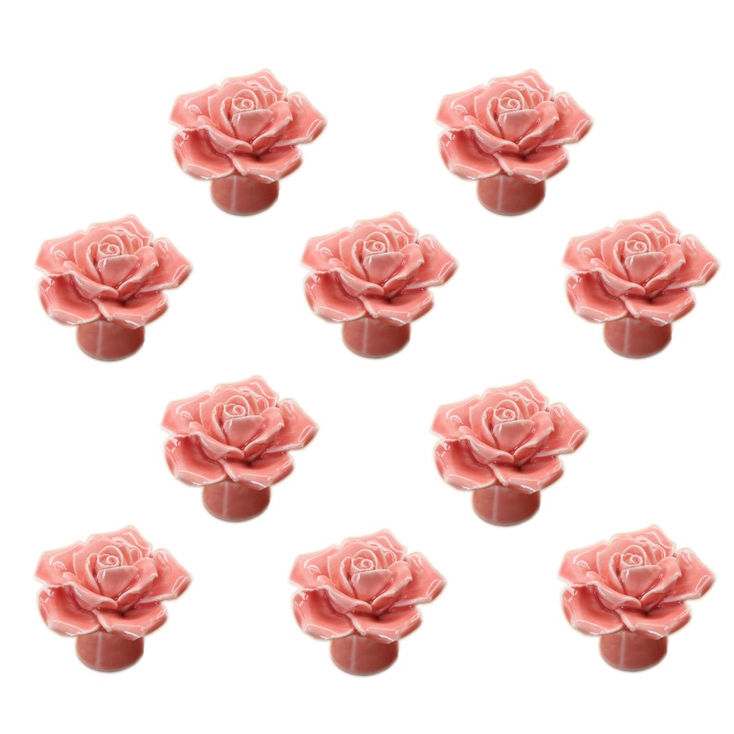 Medigy Rose Flower Ceramic Door Knob Dresser Kitchen Cabinet Cupboard Drawer Pulls Handles 10 Pack, Pink