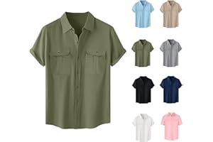 Men's Linen Shirts Short Sleeve Casual Button Down Shirt for Men Beach Summer Tees Dress Blouse with Pocket
