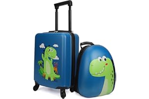 emissary Dinosaur Kids Suitcase for Boys, 18" Hardside Dinosaur Toddler Suitcase Set with Spinner Wheels and Backpack, Kids Carry on Luggage Set Rolling Travel Kid's Luggage Gifts Airline Approved