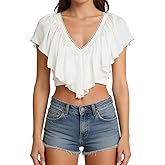 Women Y2K Ruffled V Neck Crop Top Frill Trim Tie Back Summer Going Out Top Vintage Boho Blouse Shirt Streetwear