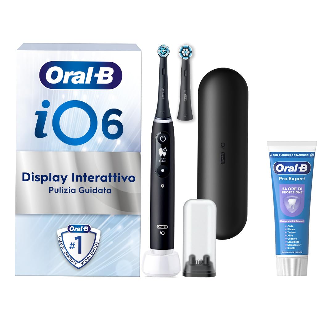 Oral-B Spazzolino Elettrico Ricaricabile iO 6N Nero, 1 Spazzolino Elettrico, 2 Testine Di Ricambio, Custodia Da Viaggio + 1 Dentifricio Oral-B Pro-Expert Sbiancante Delicato, Pulizia Denti