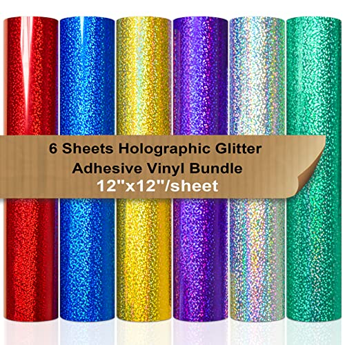 VINYL FROG Glitter Adhesive Craft Vinyl Sheets 6 Permanent Adhesive Backed Vinyl Sheets Set 12" x 12" 6 Colors(Gold, Silver, Red, Green, Purple, Blue) Craft Vinyl Pack for Home Decoration