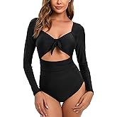 NESY Women Long Sleeve Swimsuits Tummy Control One Piece Swimwear V Neck Zipper Bathing Suit UV Protection
