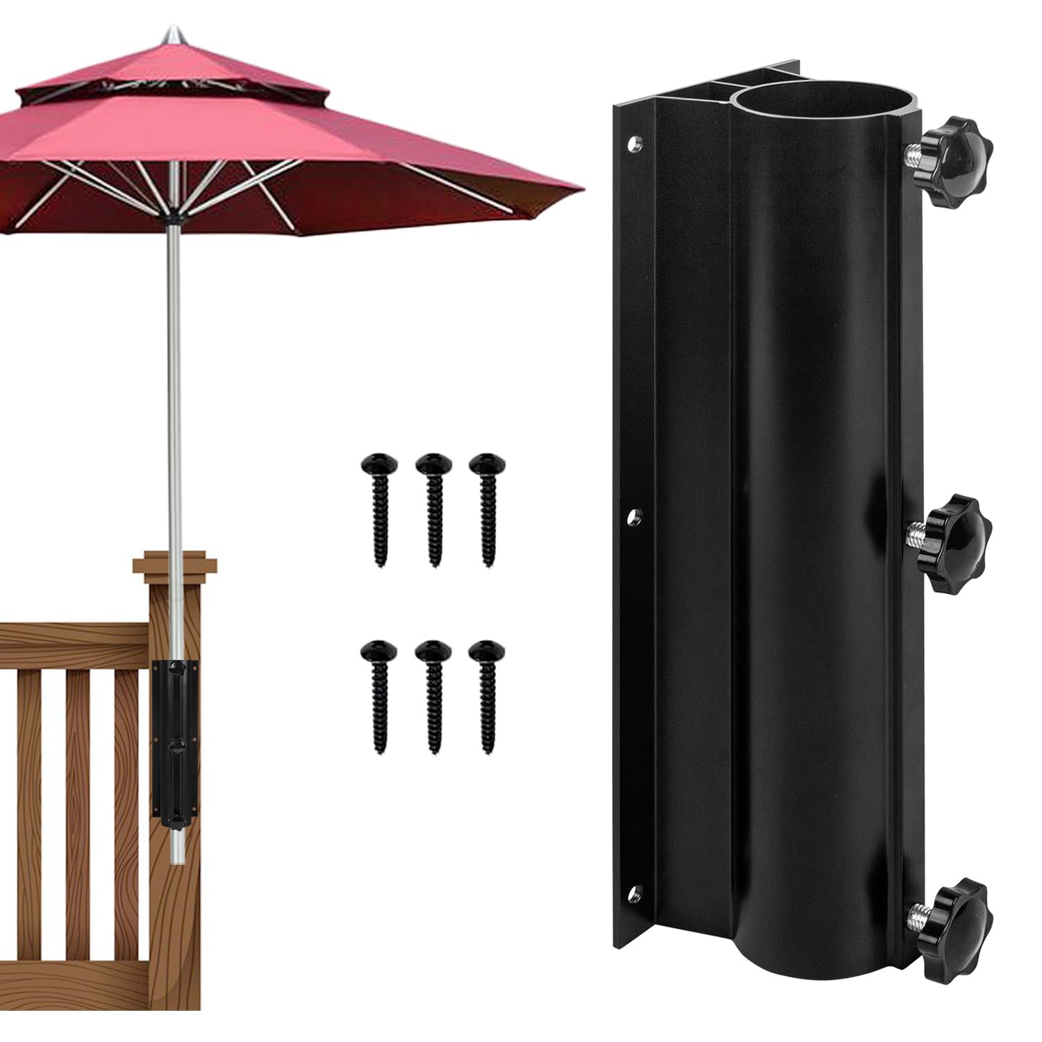 VANROUG Patio Umbrella Holder, Aluminum Outdoor Umbrella Base and Mount, Deck Mount Umbrella Stand, Attaches to Railing Maximizing Patio Space and Shade (Fits 1.3-2" Umbrella Pole Diameter)
