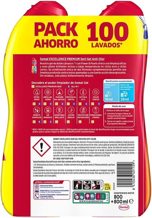 Excellence Gel Frescor Anti-Olor (100 lavados), detergente lavavajillas desengrasante, lavavajilla líquido automático en botella, jabón para platos con vinagre