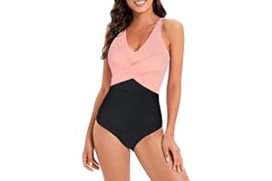 Passionate Adventure One Piece Bathing Suit for Women Tummy Control Criss Cross Back Swimwear V Neck Swimsuit