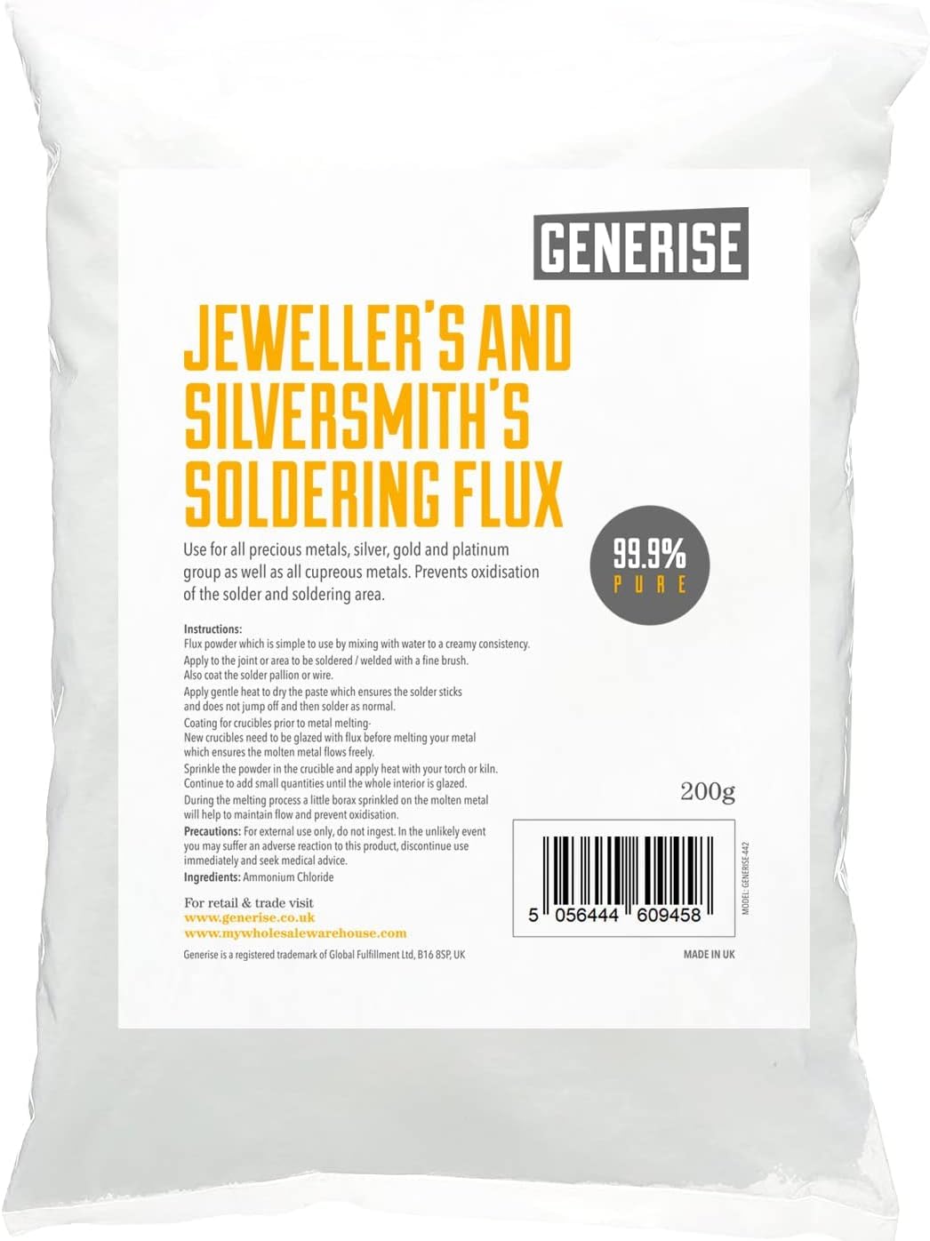 Soldering Flux Jewellers and Silversmiths Solder Crystal Form Flux Powder 99.9% Pure - for Welding Gold, Silver, Platinum, Brass, Copper 1kg (200)