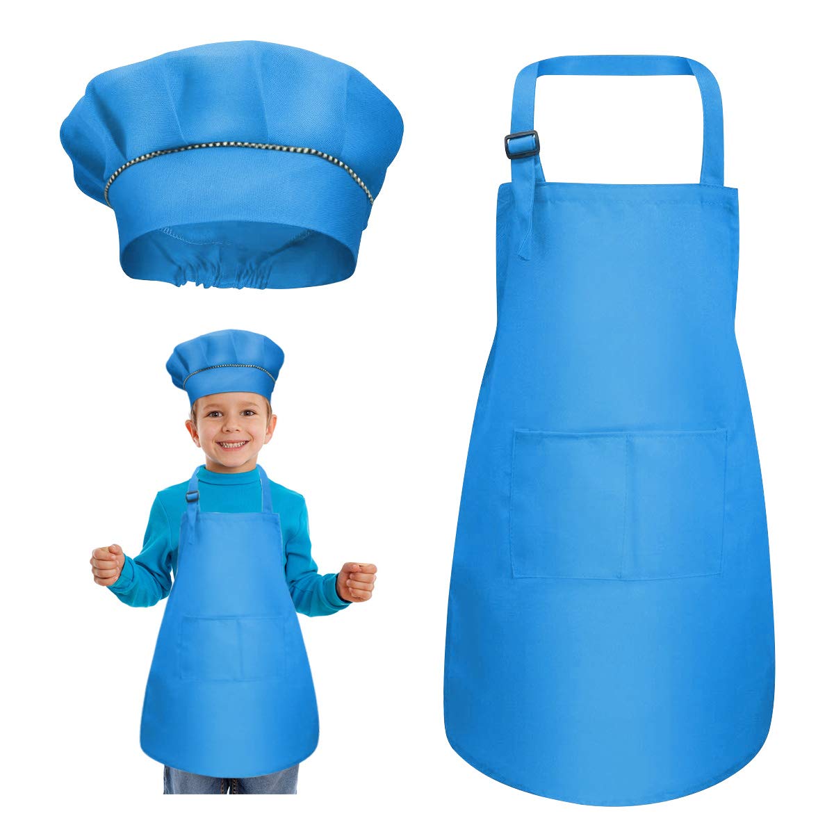 kissral Kids Apron + Chef Hat Set, Children Adjustable Kitchen Chef Apron with Pockets for Cooking Baking Painting 4-12 Years Old (Blue, Large)