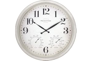 Presentime & Co 16" Farmhouse Series in/Outdoor Clock with Thermometer & Hygrometer, Weathered White Color. Weather Thermometer, Weather Station, Farmhouse Décor, Outdoor Décor, Wall Décor.