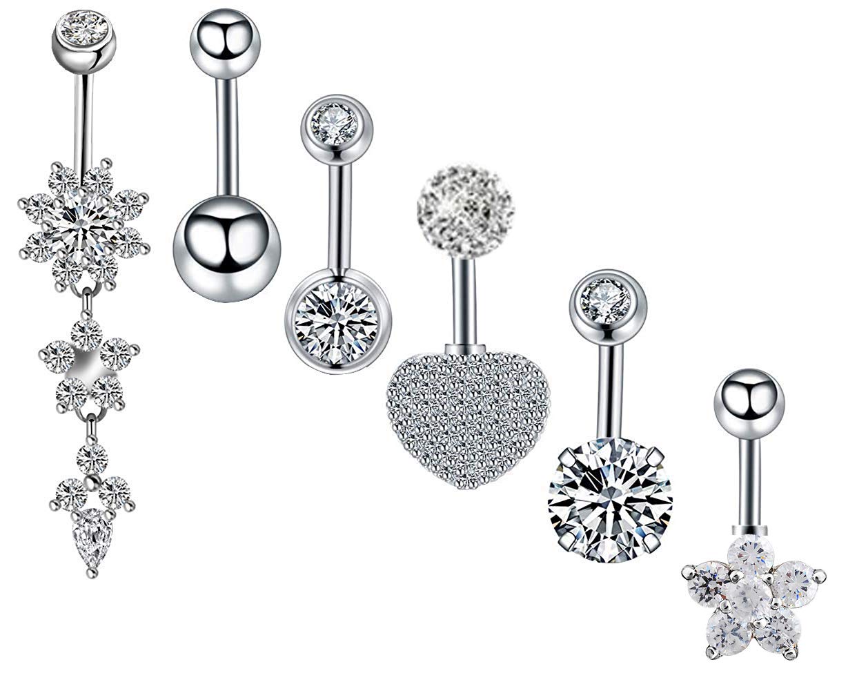 SMCTCRED Belly Bars, 11 x 316L Surgical Steel CZ Belly Bars with Dangle Cubic Zirconia Curved Body Piercing Jewellery Barbells for Women Girls, Metal, Alloy