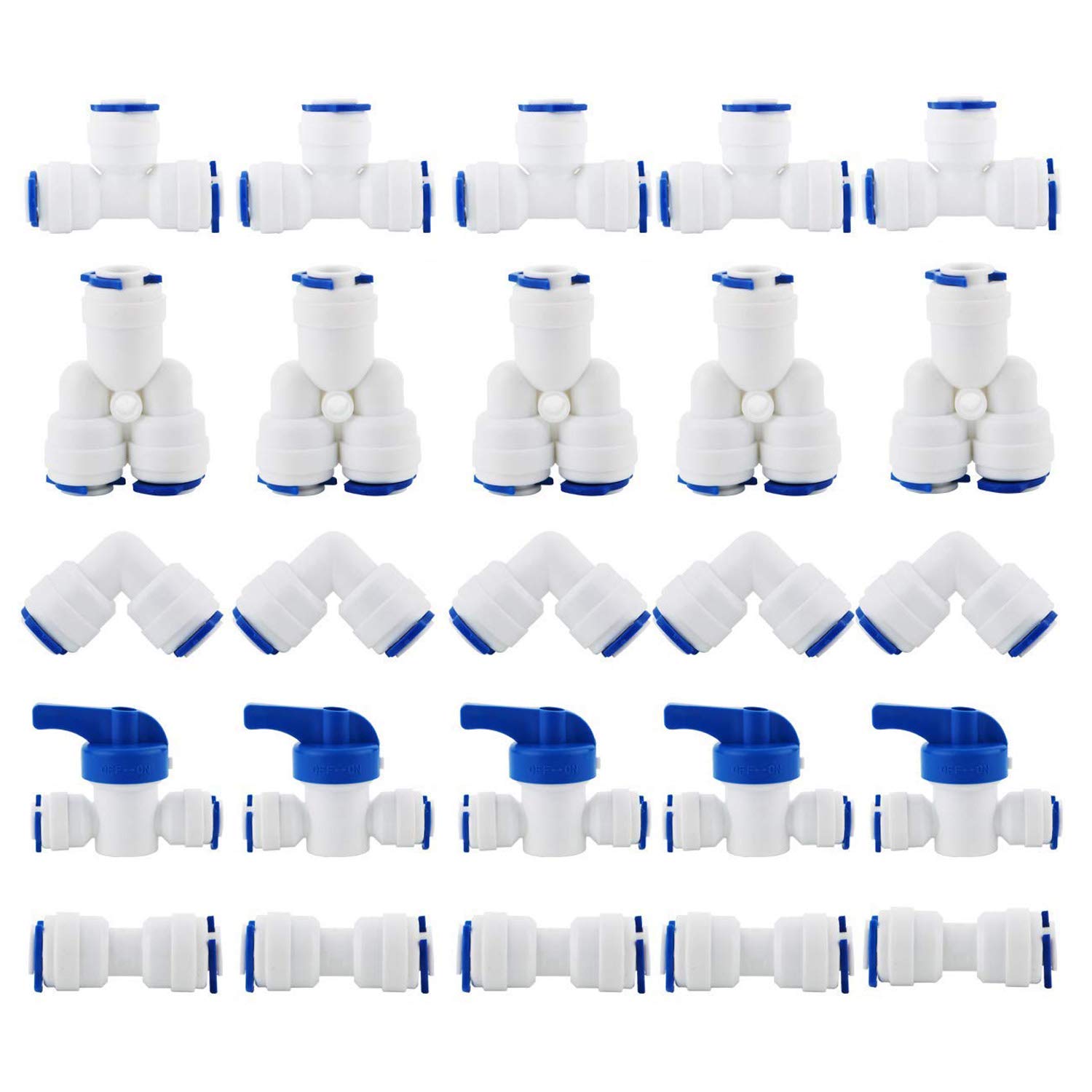 Cettkowns 25-Pack 1/4" OD Quick Connect Push in to Connect Water Tube Fitting for RO Reverse Osmosis Water Filter Fittings (Y+T+I+L Type Combo + Shut-Off Valve)