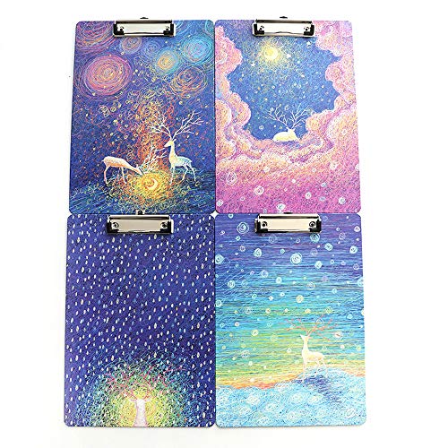 WIWAPLEX Cute Clipboard, Cat/Elk Printed A4 Clipboard, Standard Size Paperboard Clipboard Low Profile Clip, 9"x12.5" Paper Clipboard, File Holder for Writing Drawing, 4Pack (Elk Printing Clipboard)