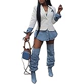 Women's Casual Blazers Fall Trendy Lapel Collar Denim Patchwork Long Seelves Slim Fit Work Office Suit Jacket