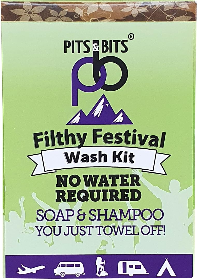 Filthy Festival Wash Kit - no rinse shampoo 100ml / rinse free body wash 100ml and 9 pack compostable expanding wipes. The ultimate camping essential x 1Kit