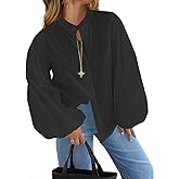 Tankaneo Womens Lantern Sleeve Button Down Shirts Oversized Mock Neck Blouse Trendy Casual Loose Fit Cotton Tops