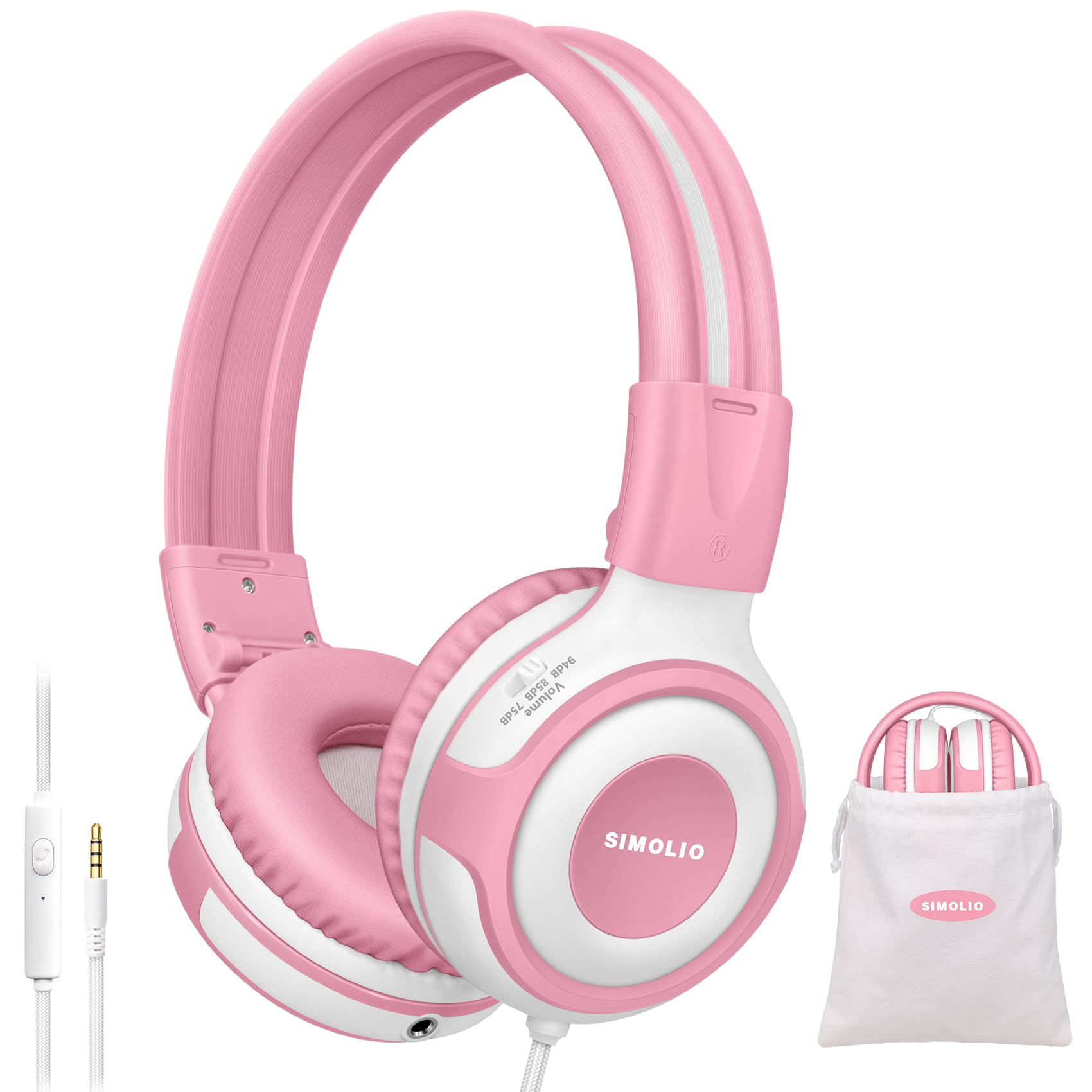 SIMOLIO Girls Headphones for Kids with Mic & Share Port, Toddler Headphones Age 1 2 3 4, Baby Headsets for Airplane with Safe Volume 75/85/94dB for iPad/Tablet, Adjustable Headband, Tangle-Free Cord