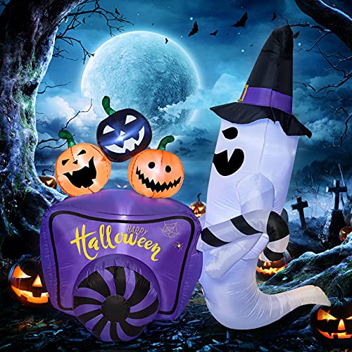 WBHome 6 Ft Blow Up Halloween Inflatable White Ghost with Pumpkin Cart