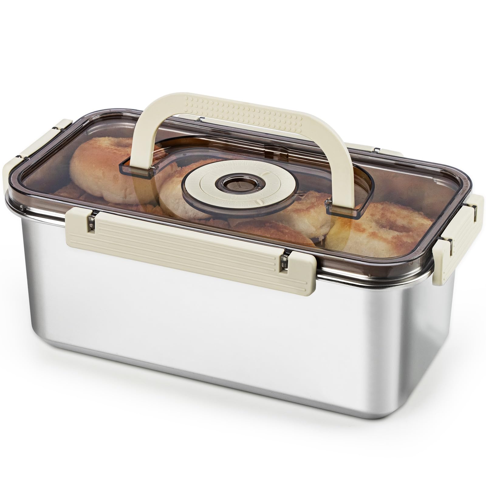Photo 1 of Stainless Steel Bread Box with Handle - a sealed bread storage container featuring a sealed lid and a handle, suitable for time-recording storage. This bread box is ideal for preserving kitchen food