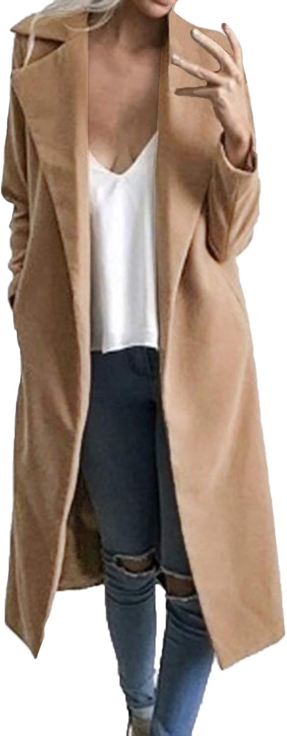 Auxo Women Trench Coat Long Sleeve Pea Coat Lapel Open Front Long Jacket Overcoat Outwear Cardigan: Clothing