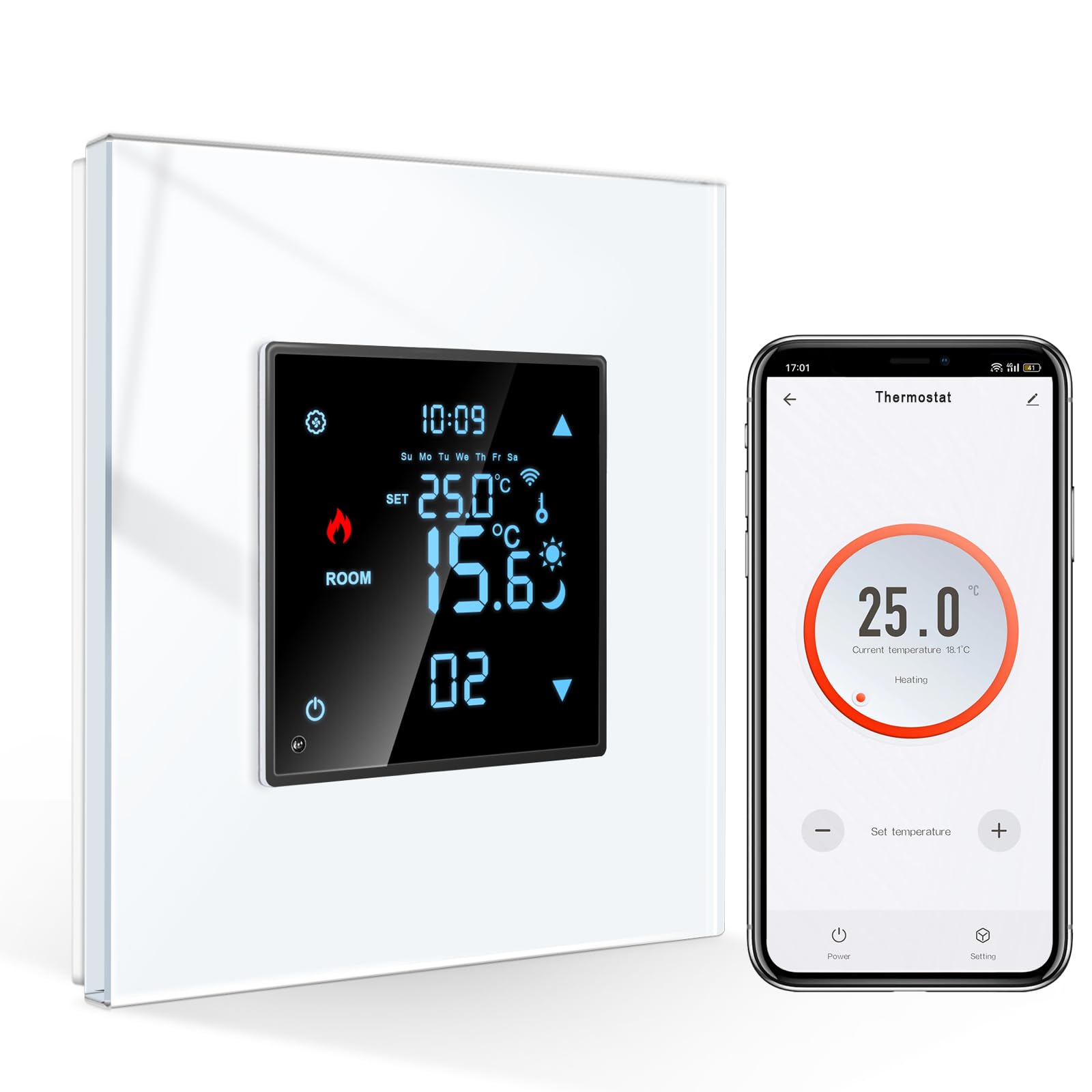 CNBINGO Smart Thermostat Flush-Mounted with Crystal Glass Panel WiFi Digital Room Thermostat Compatible with Alexa Echo, Google Assistant, 16 Amp, White