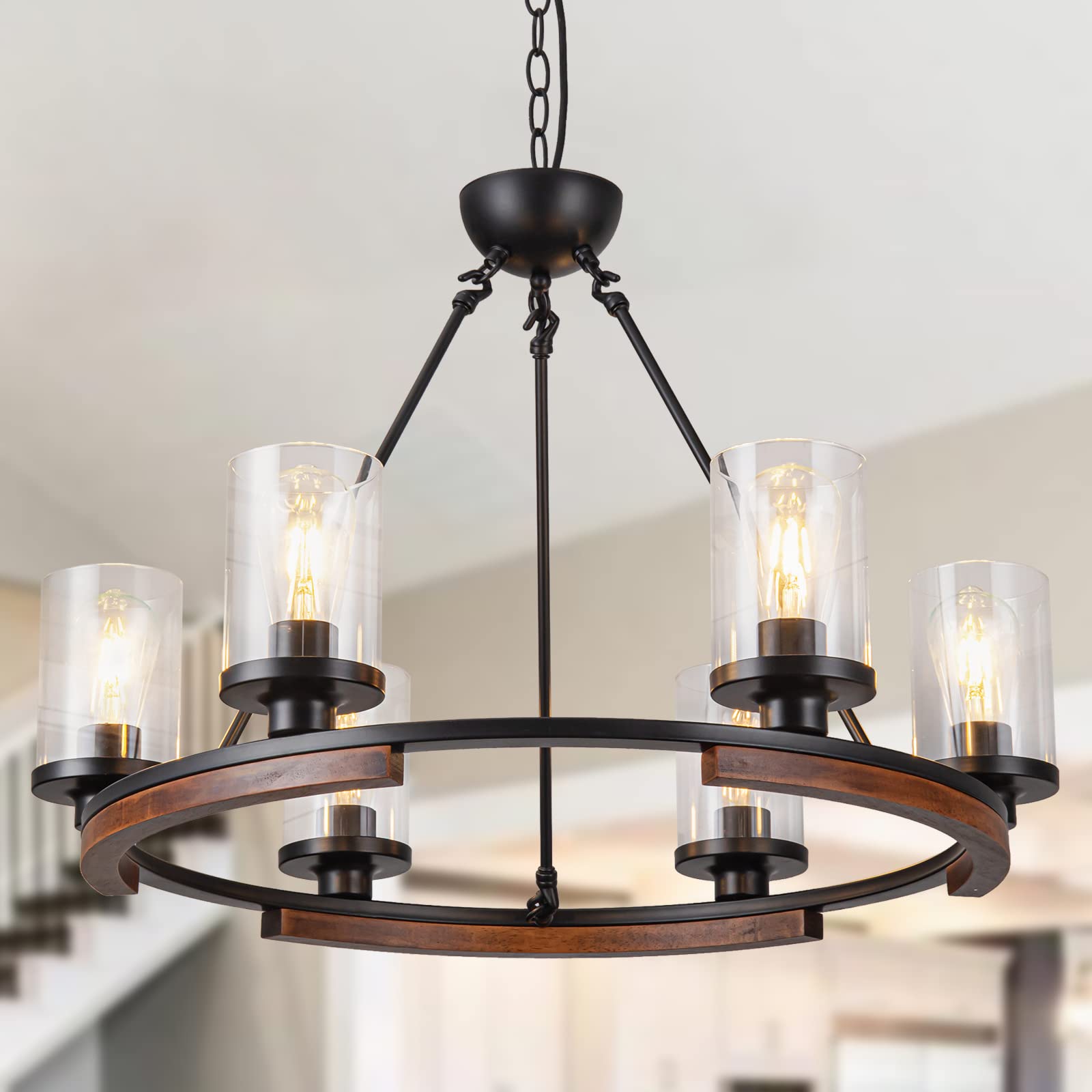 Photo 1 of NSRCE 28-Inch Wagon Wheel Chandelier, 6-Light Farmhouse Dining Room Light Fixture Over Table, Round Matte Black Rustic Wood Ceiling Hanging Pendant Light with Clear Glass Shadea