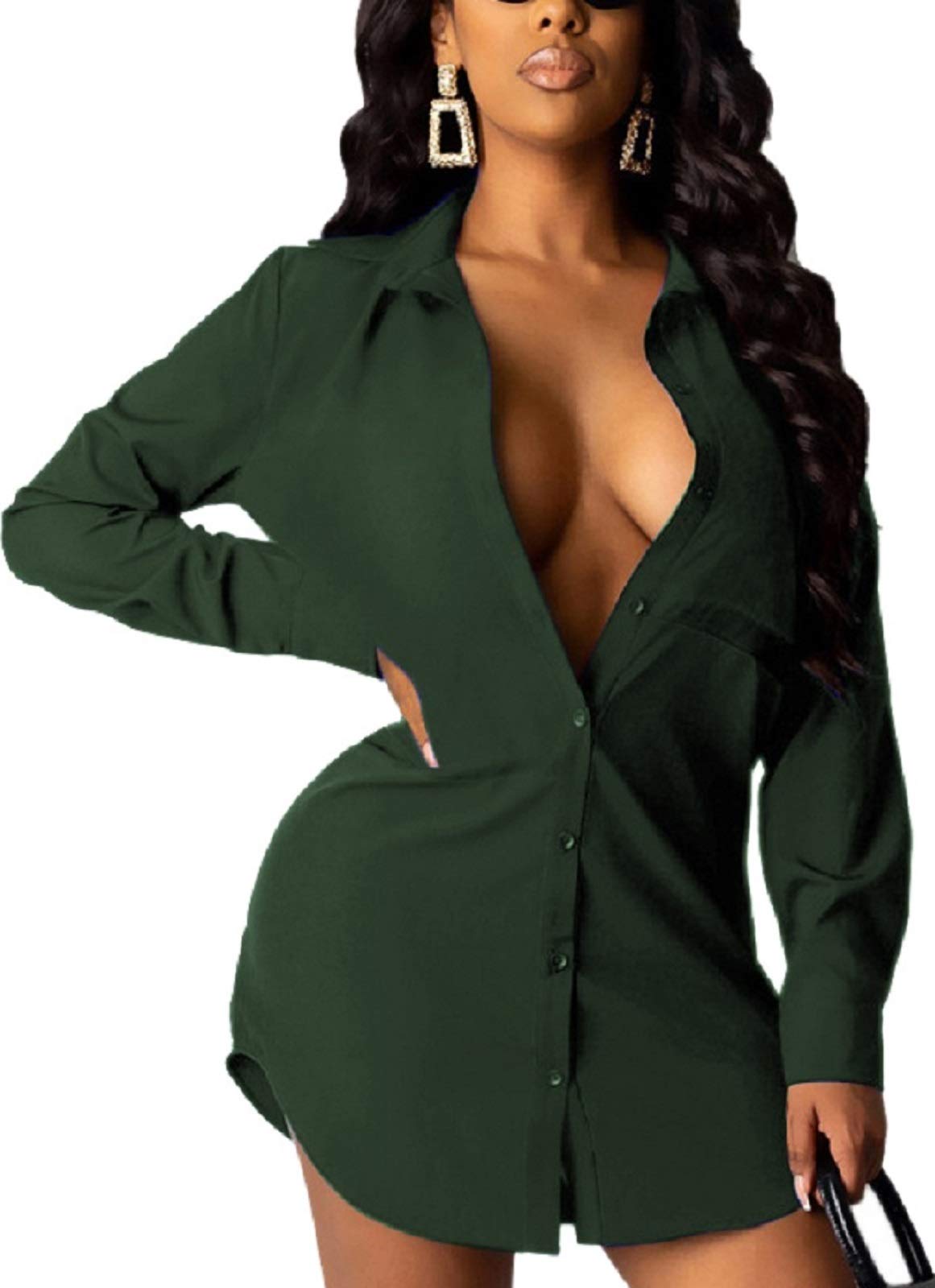 Women's Sexy Floral Blouses Casual V Neck Long Sleeve Collar T-Shirt Button Down Tops Mini Dress