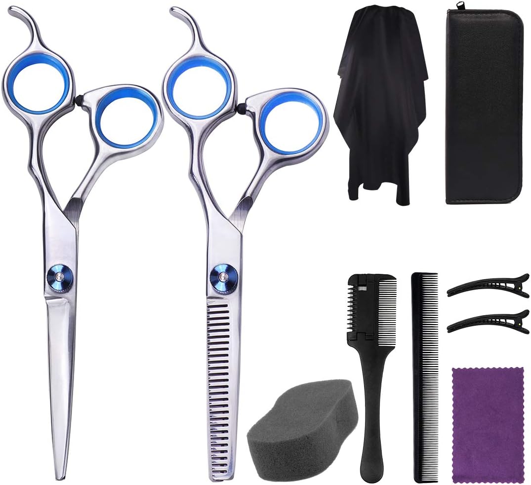 10 PCS Hair Cutting Scissors Kit, Professional Haircut Shears Set, Salon Barber Home Hairdressing Thinning Scissors with Case, Hair Razor Cutting Comb, Cloaks, Clips, Cleaning Cloth, Sponge
