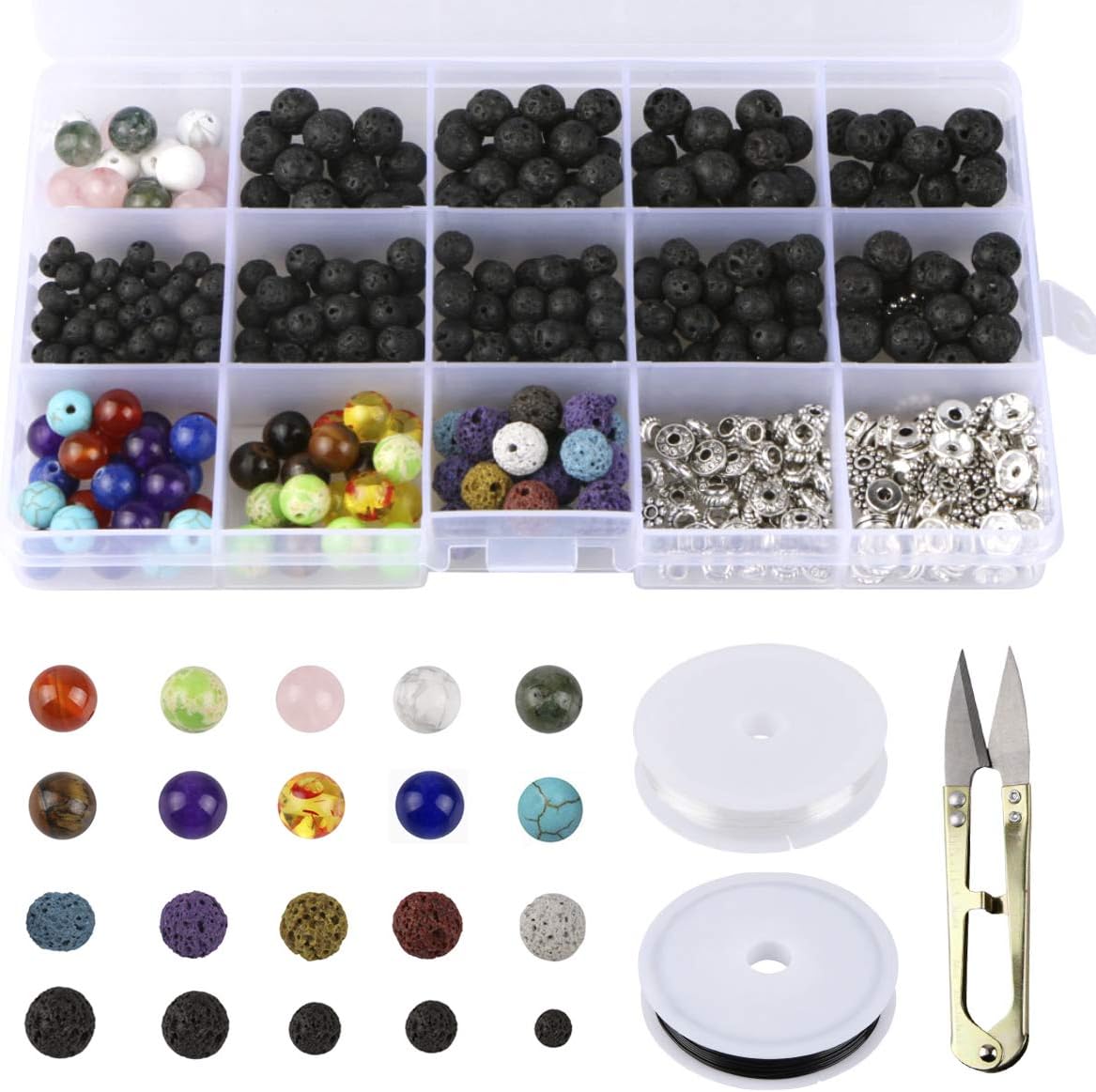 Unime 500pcs Lava Beads Stone Rock with Chakra Beads and Spacer Beads for Essential Oil and Jewelry Making, with 2 PCS Crystal String and 1 Snips Trimming Nipper