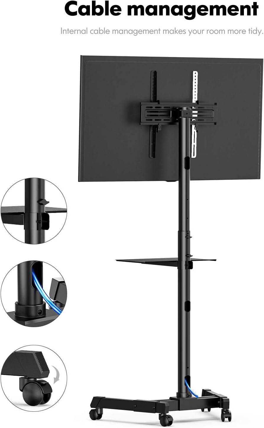 FITUEYES Mobile TV Cart with Wheels for 23-60 Inch LCD LED Flat Curved Screen TVs up to 77 lbs Mobile Rolling TV Stand with Height Adjustable Shelf Trolley Floor Stand Max VESA 400x400 Black : Office Products