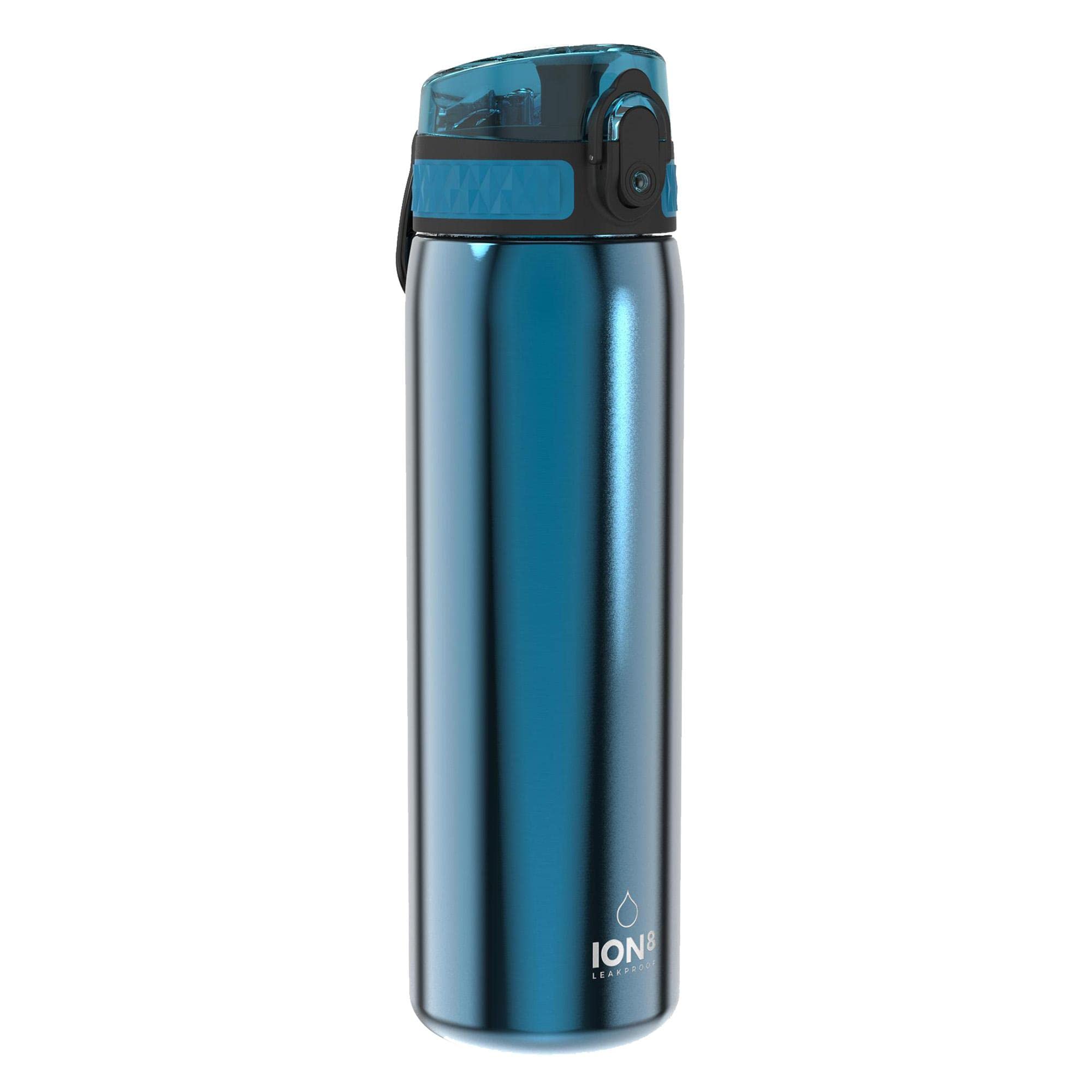 Ion8 Lightweight Steel Water Bottle, 600ml/20oz, Non-Insulated, Leak Proof, Easy to Open, Secure Lock, Dishwasher Safe, Flip Cover, Fits Cup Holders, Carry Handle, Metal Water Bottle, Metallic Blue