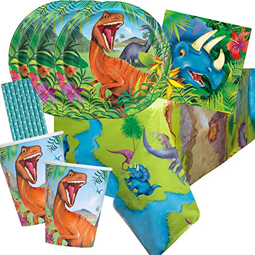 spielum 41-teiliges Party-Set Dinosaurier - Teller Becher Servietten Tischdecke Trinkhalme hellblau für 8 Kinder