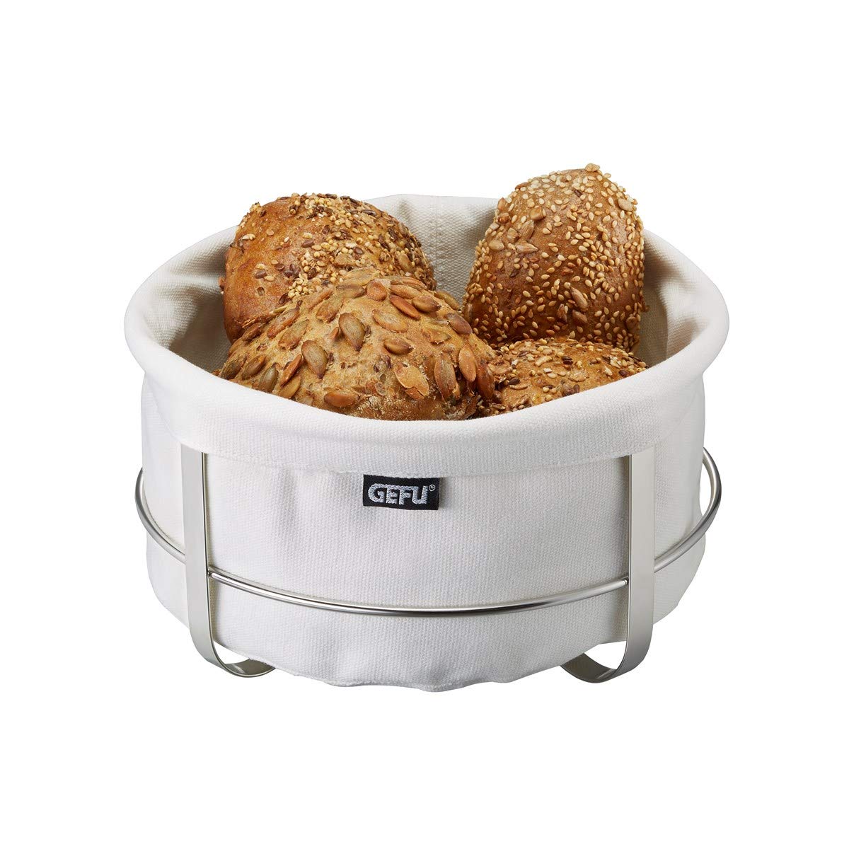 Gefu BRUNCH Bread Basket, Round, Stainless Steel Frame with Washable Cotton Insert, White