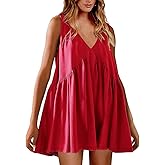 Prliuosu Womens Babydoll Dress Summer Sleeveless Mini Dress Casual Loose V Neck Swing Flowy Beach Sundresses with Pockets
