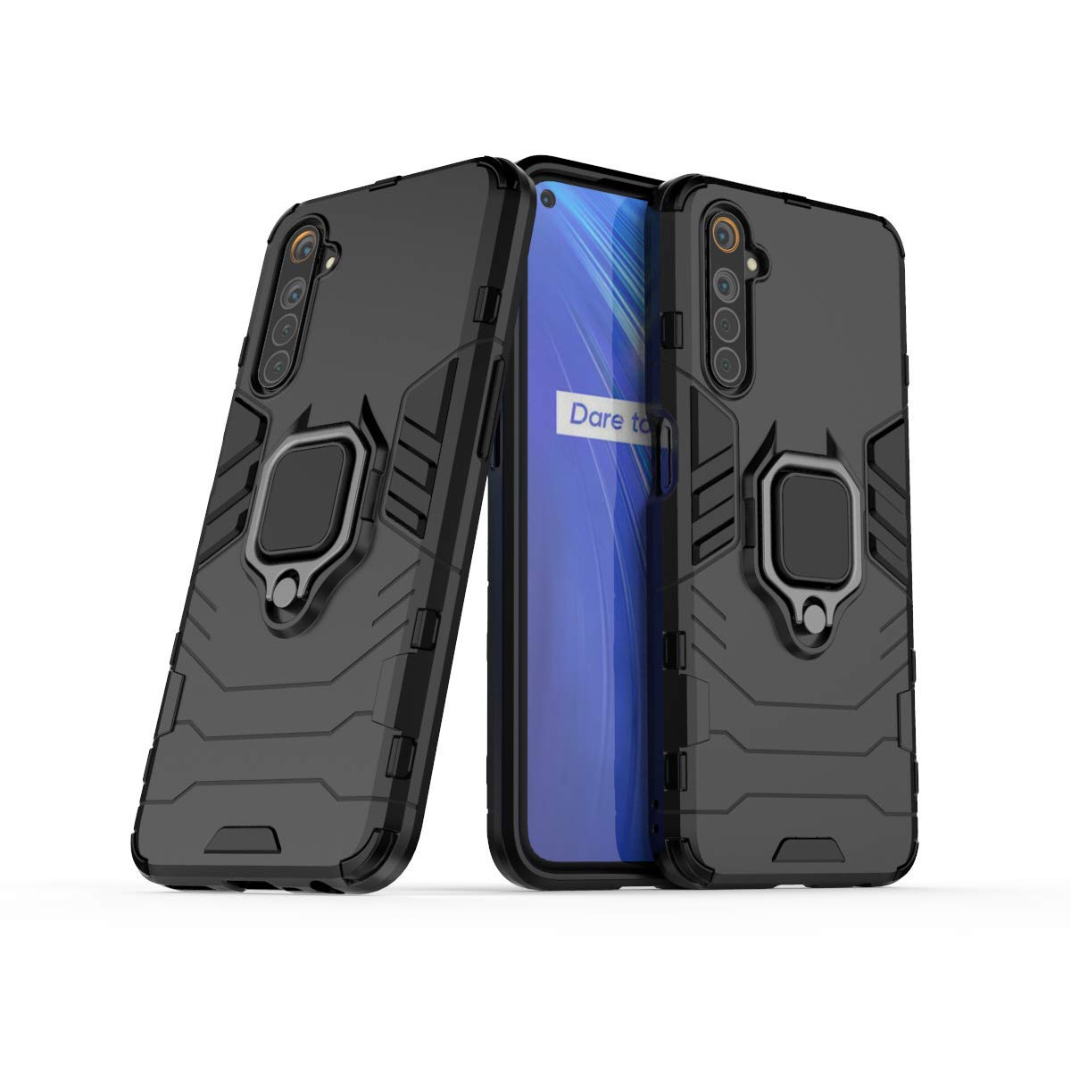 MRSTER Realme 6 Case, Heavy Duty Armor Dual Layer Shock Resistant Hybrid Protective Case Cover with Ring Holder Kickstand for Realme 6. HB Black