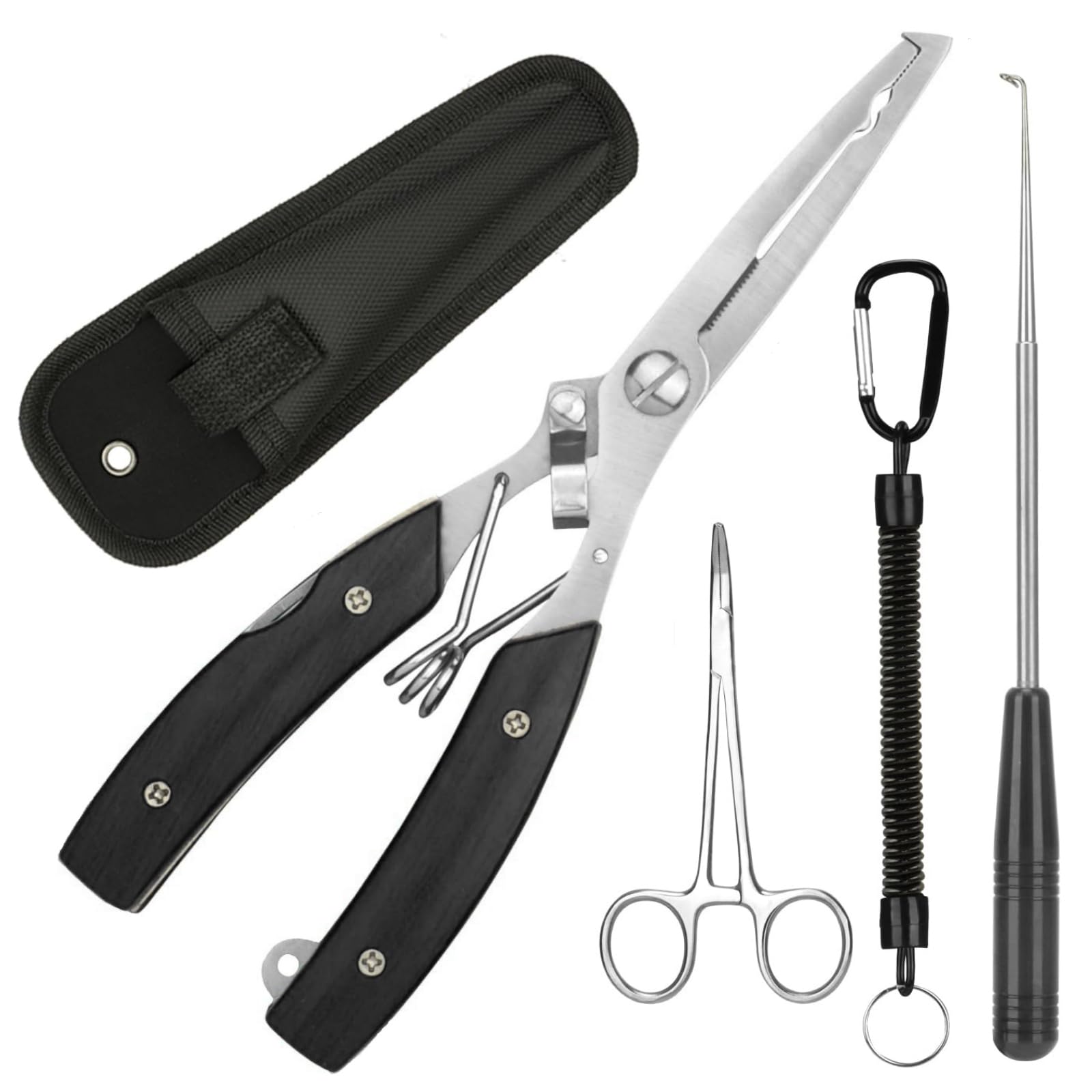 Annyswit 3 Pcs Portable Fishing Pliers Snips Set with Lanyard & Curved Fishing Forceps & Disgorger & Sheath Sea Fishing Multi Tool Pliers Hook Remover Line Cutter for Removing Hooks & Split Rings