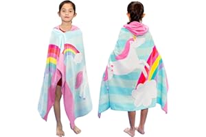 BANGSAUR Kids Hooded Beach Towels, 100% Cotton 50x30 inches Bath Pool Swiming Towel Wrap, Toddlers Girls 3-12 Years Coverup Rainbow Unicorn