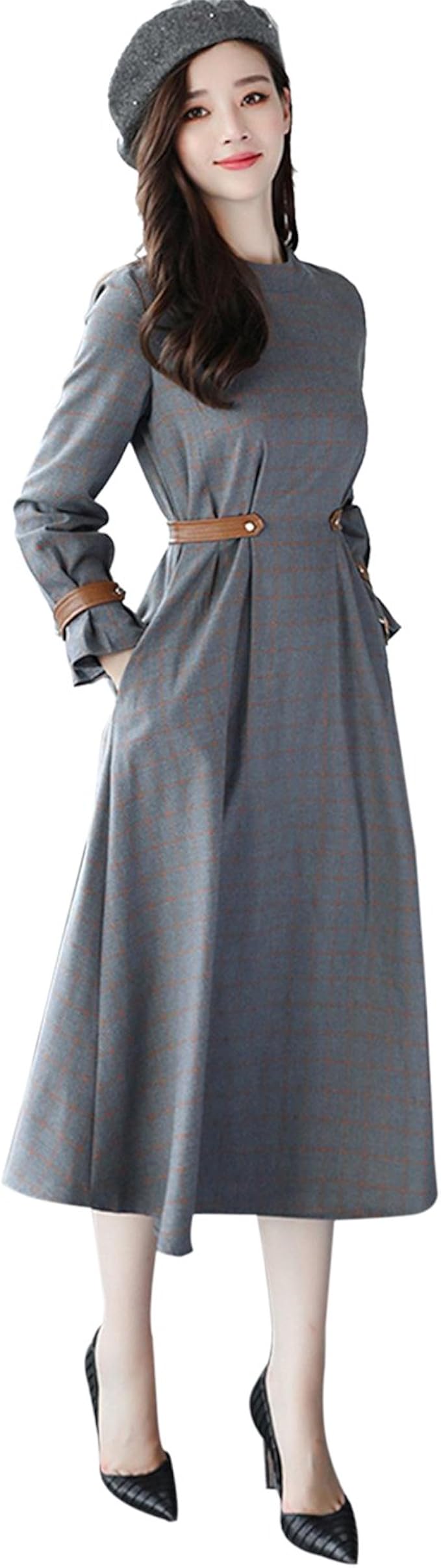 Amazon Sisjuly レディース パーティドレス 長袖 マキシワンピース 秋冬 グレンチェック きれいめ レトロ オフィス 通勤 Aライン フレア Xl 服 ファッション小物 通販