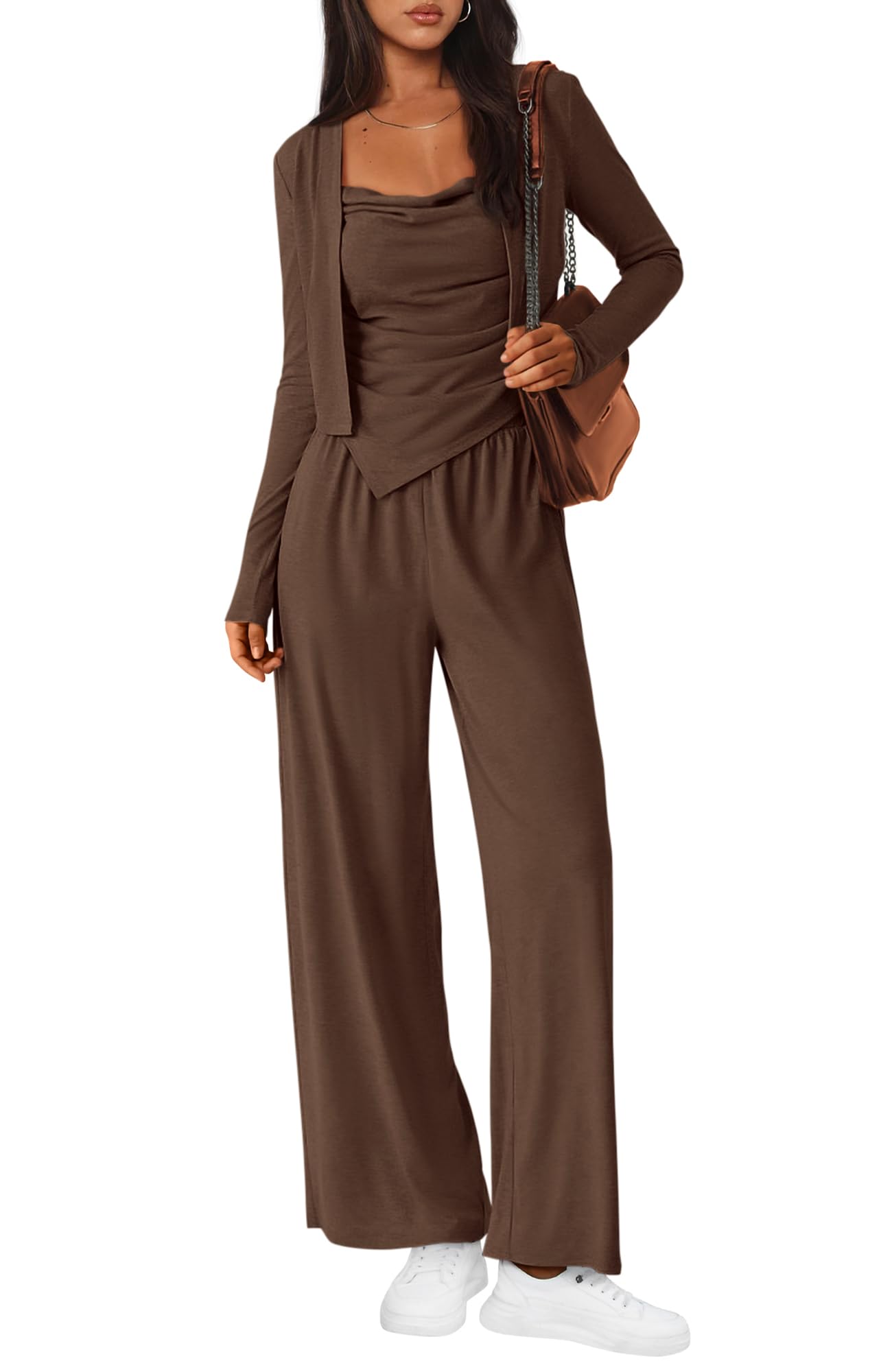 Photo 1 of BTFBM Women's Fall Lounge Sets 3 Piece Outfit Tracksuits Casual Long Sleeve Tops High Waisted Sweatpants Set(Brown,X-Large)