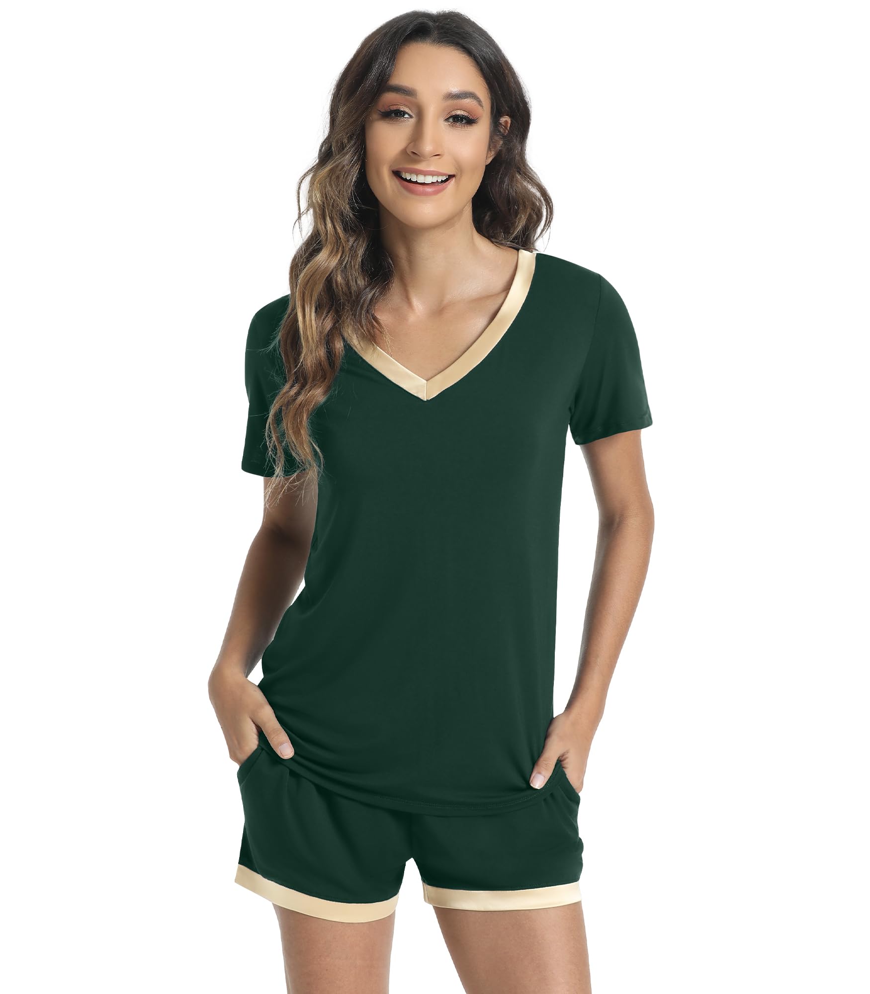 WiWi Super Soft Pajamas for Women Top and Shorts Pjs Cooling Pajama Set Plus Size Sleepwear with Pockets S-3X, Fence Green, Medium Image