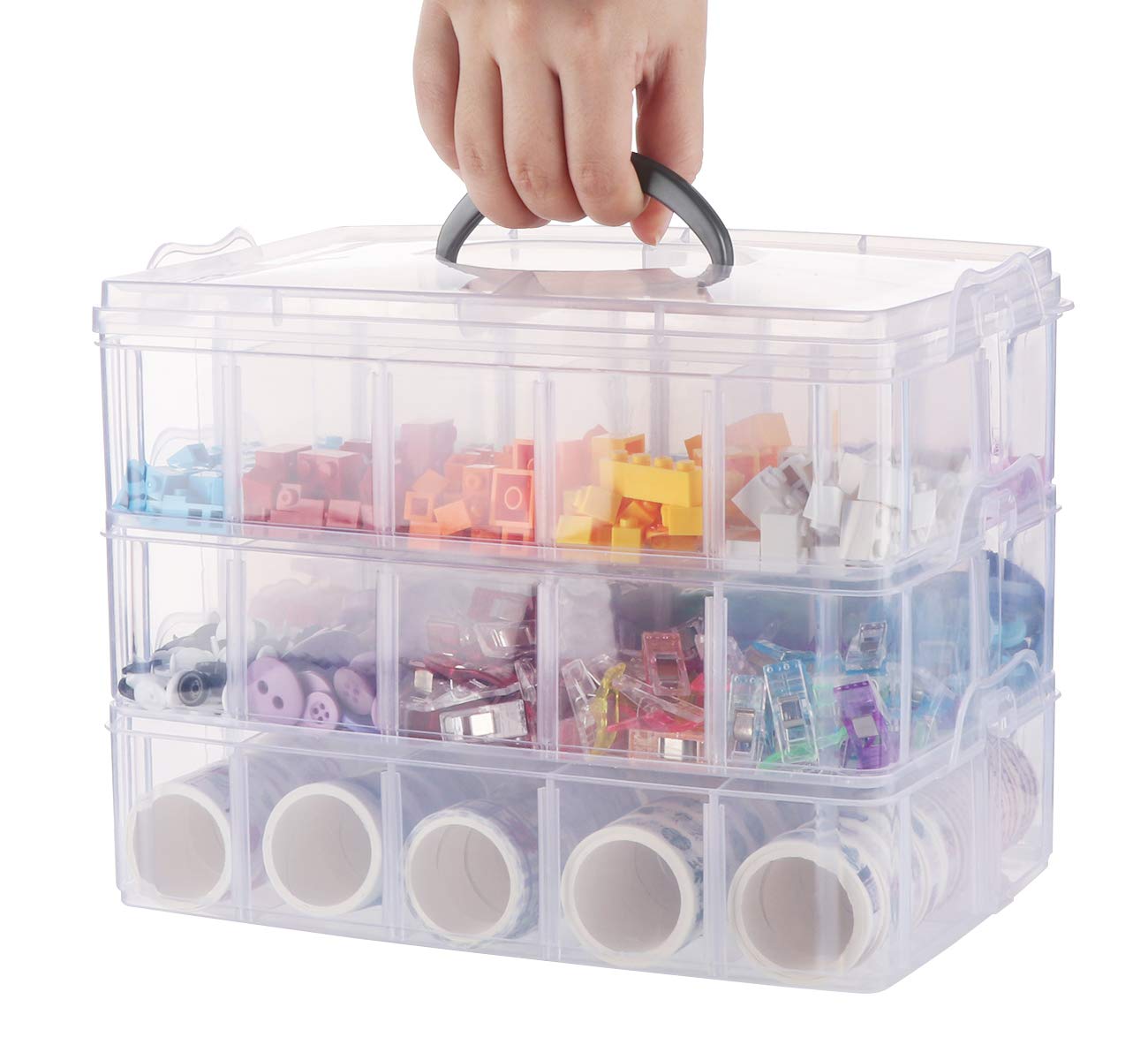 Anstore Craft Storage Box with Compartments, 3-Tier 30 Sections Transparent Stackable Plastic Box Organiser with Handle, Clear Plastic Storage Boxes for Smaller Items, Jewelry, Sewing Accessories