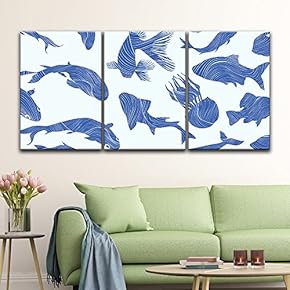 3 Panel Canvas Wall Art - Abstract Blue Fish Pattern - Giclee Print Gallery Wrap Modern Home Art Ready to Hang - 16"x24" x 3 Panels