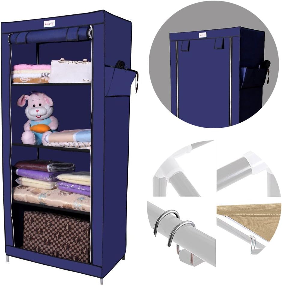Novatic Metal Frame Single Door Collapsible Wardrobe / Collapsible Wardrobe / Storage Wardrobe / Fabric Almirah / Cloth Stand ( Big 4 Shelves ) - Navy Blue