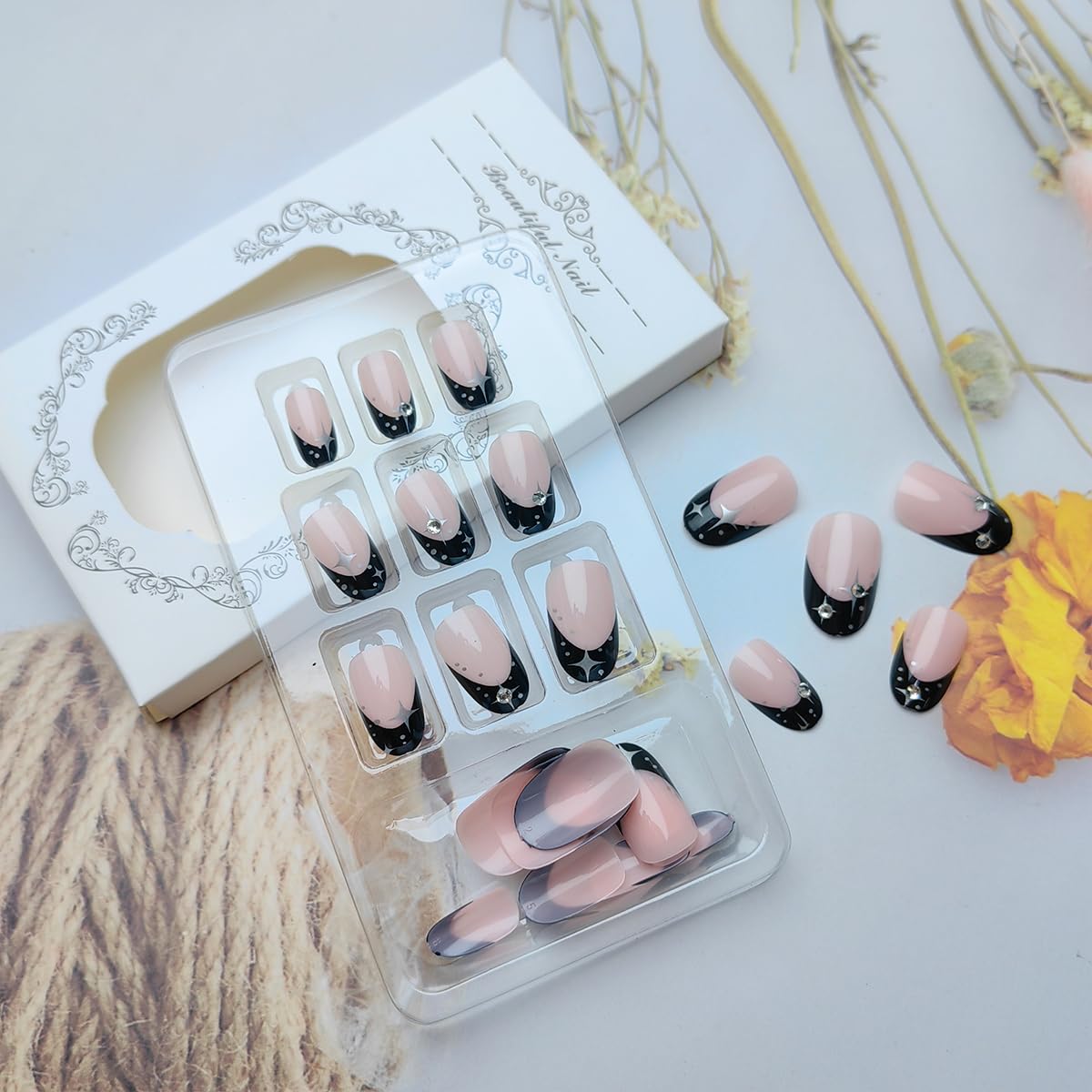 24Pcs Black French Tip Press on Nails Short Almond Shape Fake Nails with Silver Star Rhinestones Design Cute False Nails Nude Pink Full Cover Stick on Nails Glossy Acrylic Glue on Nails for Women Girl - Image 6