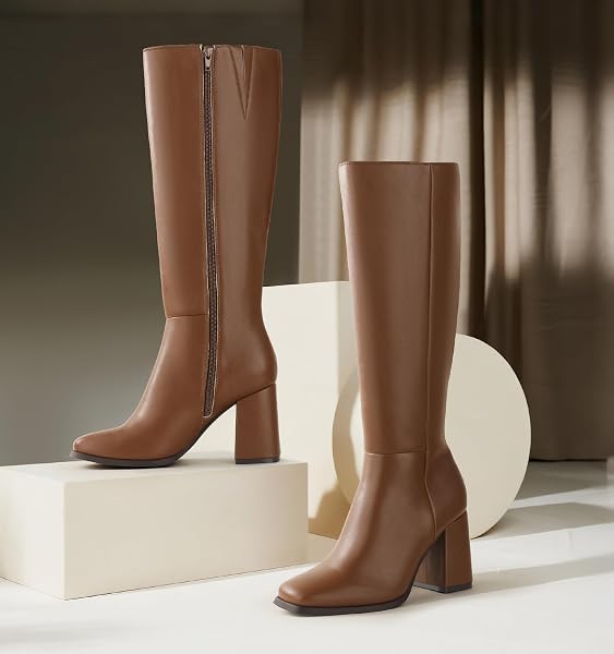 ANKIS KNEE HIGH BOOTS FOR WOMEN SQUARED TOE CHUNKY HIGH HEEL WITH SIDE ZIPPER LONG BOOTS