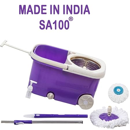 SA100 (UNBREAKABLE) Steel Spin Mop Mop Bucket with 2 Refill Mop