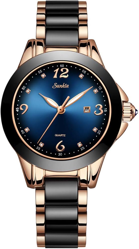 Women's Fashion White Quartz Analogue SUNKTA Watches Stainless Steel Waterproof Watch with Ceramic Band and Date Window Ladies Wrist Watch